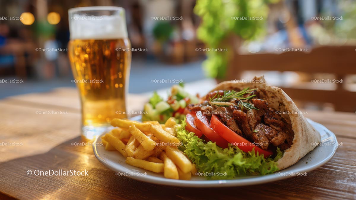 Pita Sandwich with Fries and Beer on Outdoor Table