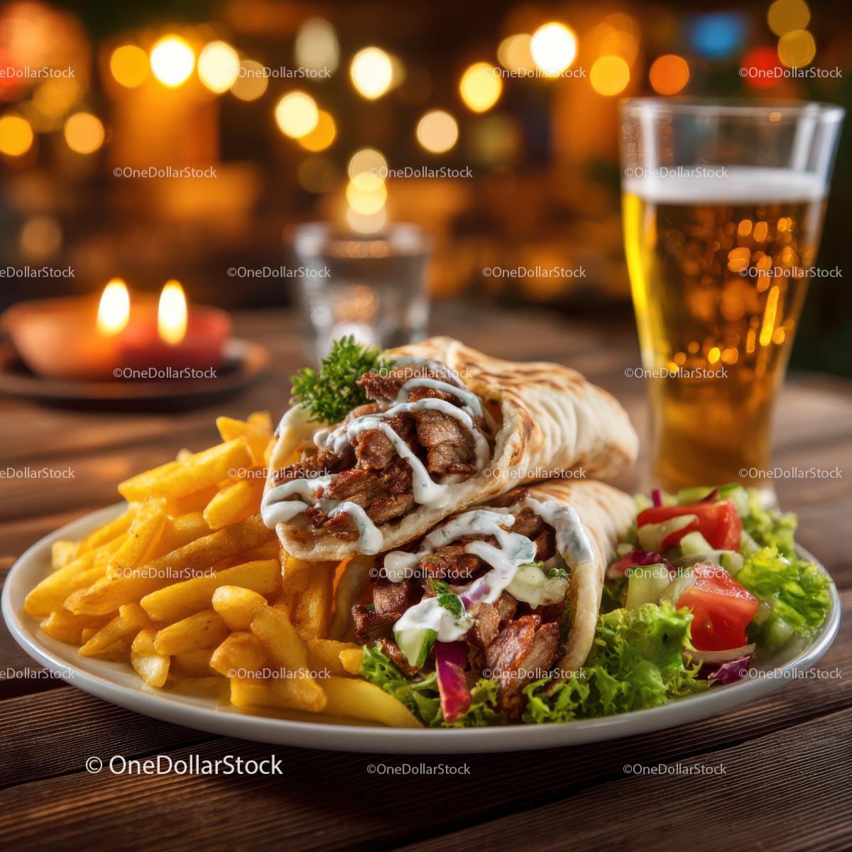 Shawarma with Fries and Beer in Cozy Candlelit Setting