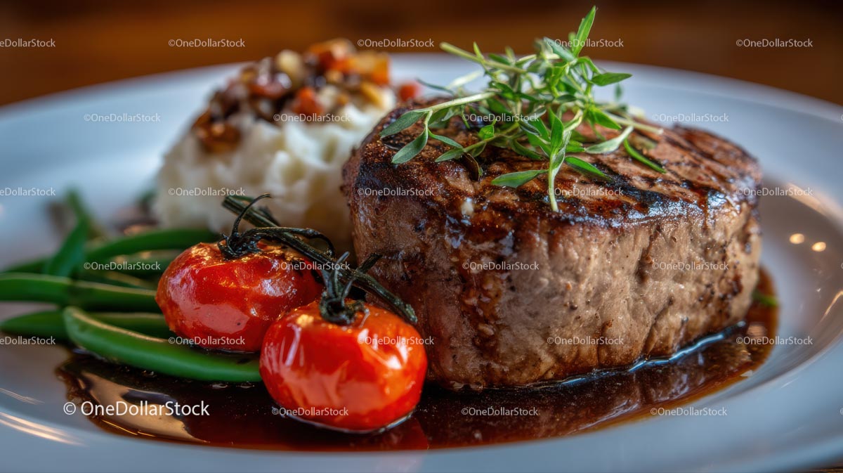 Gourmet Grilled Steak Dish with Vegetables and Herbs