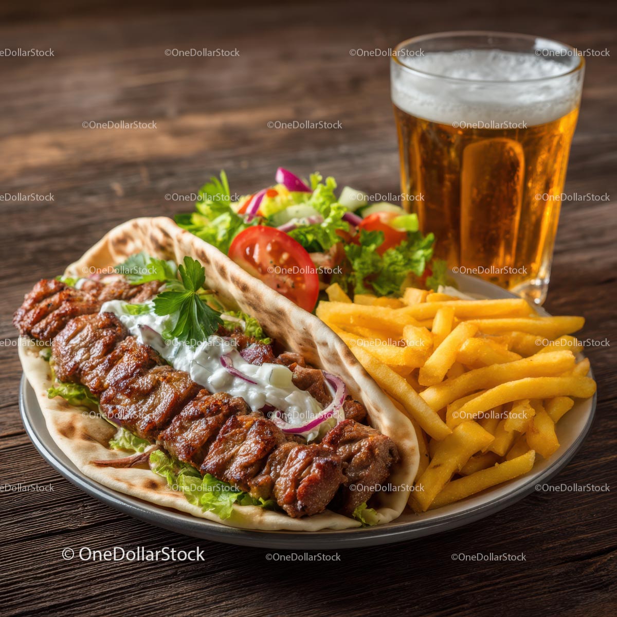 Grilled Meat Pita with Fries and Fresh Salad