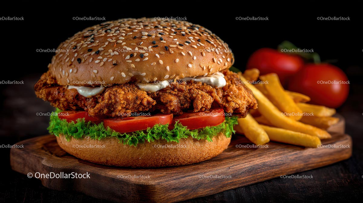 Chrupiący burger z kurczaka z frytkami na drewnianej desce
