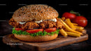 Crispy Chicken Burger with Fries on Wooden Board