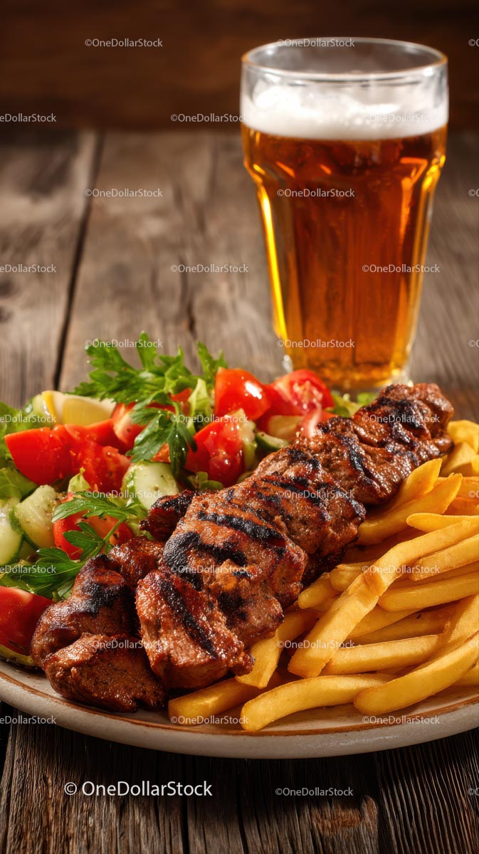 Grilled Steak with Fries and Salad with Cold Beer