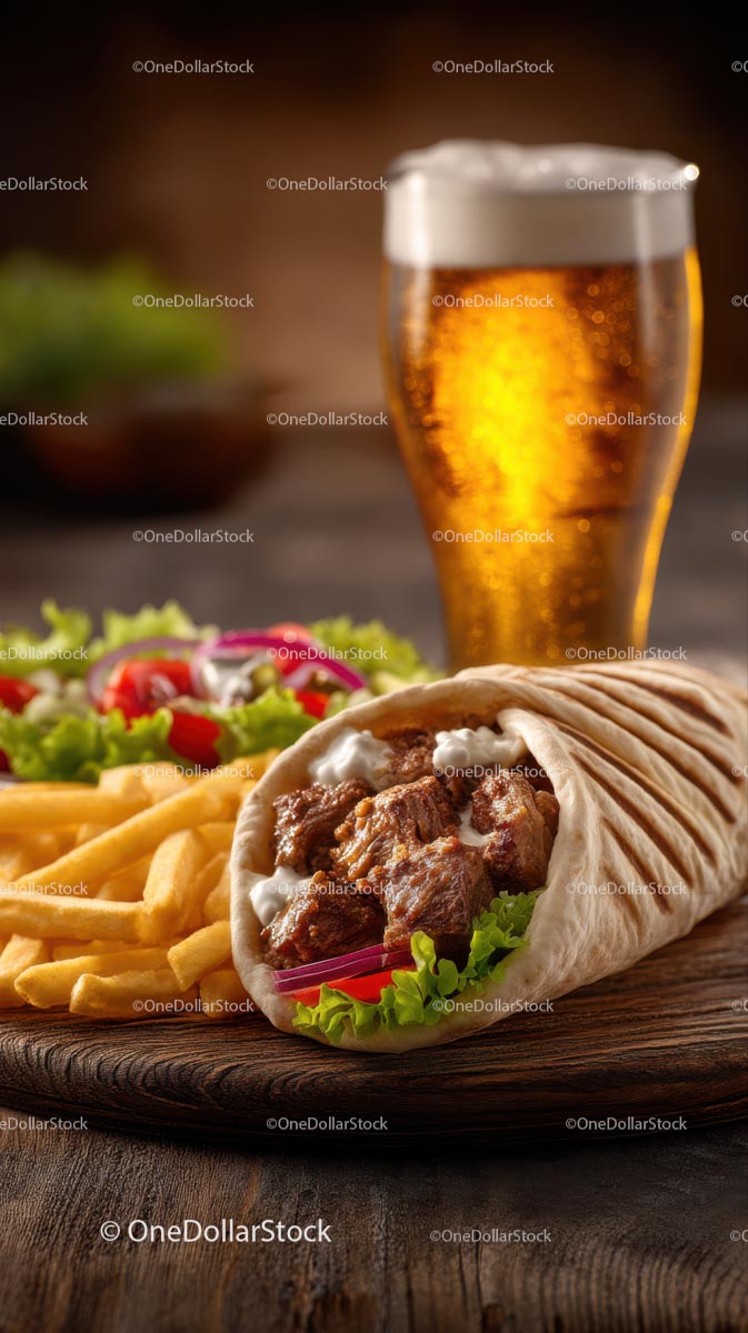Delicious Kebab with Fries and Beer on Rustic Table