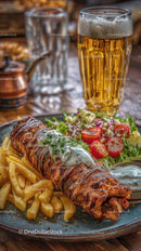 Grilled Kebab with Fries and Salad on Wooden Table