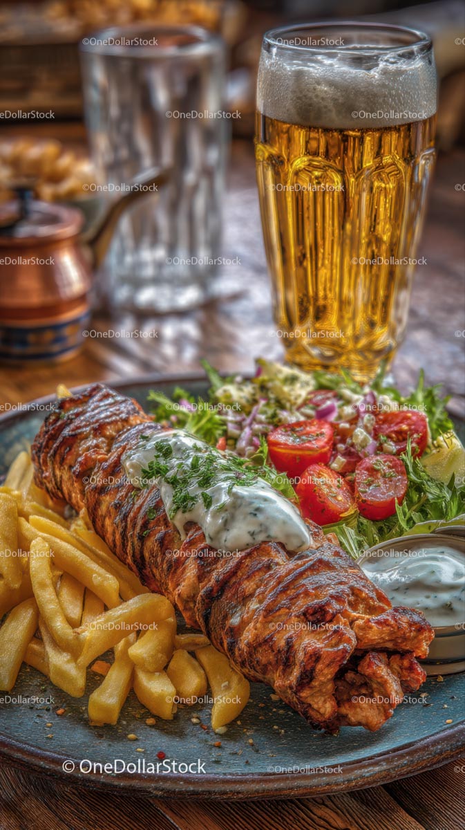 Grillowany kebab z frytkami i sałatką na drewnianym stole