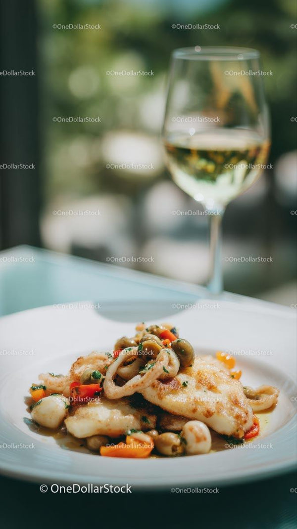 Gourmet Seafood Dish with White Wine on Elegant Plate