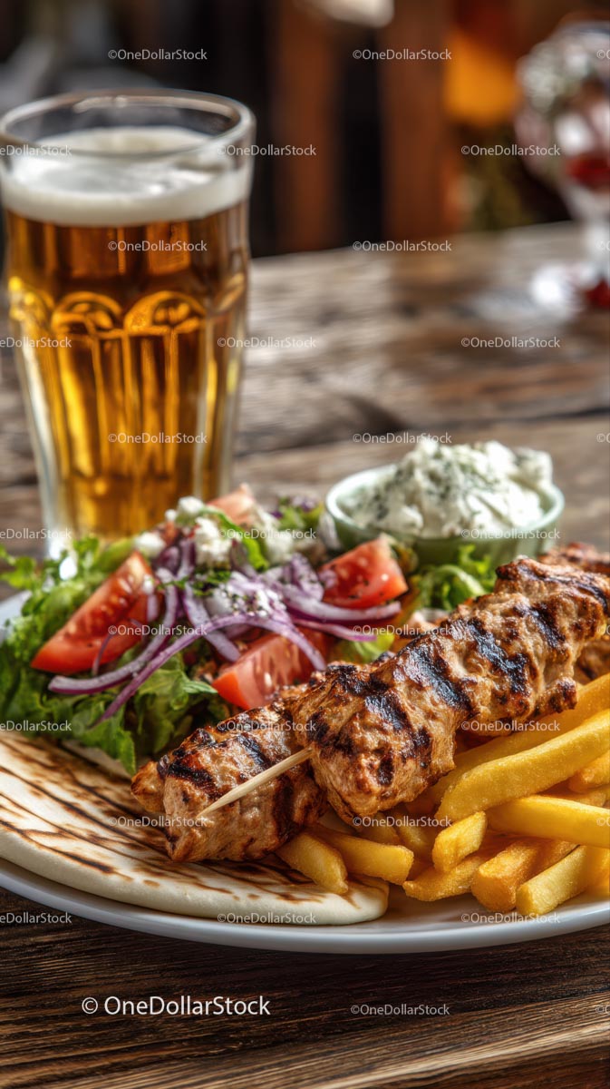 Grilled Skewers with Fresh Salad and Beer on Rustic Table