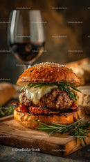 Gourmet Burger with Wine and Rosemary Garnish