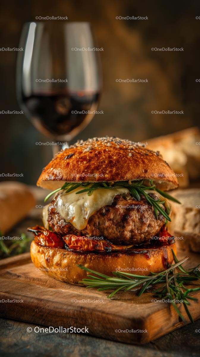 Gourmet Burger with Wine and Rosemary Garnish
