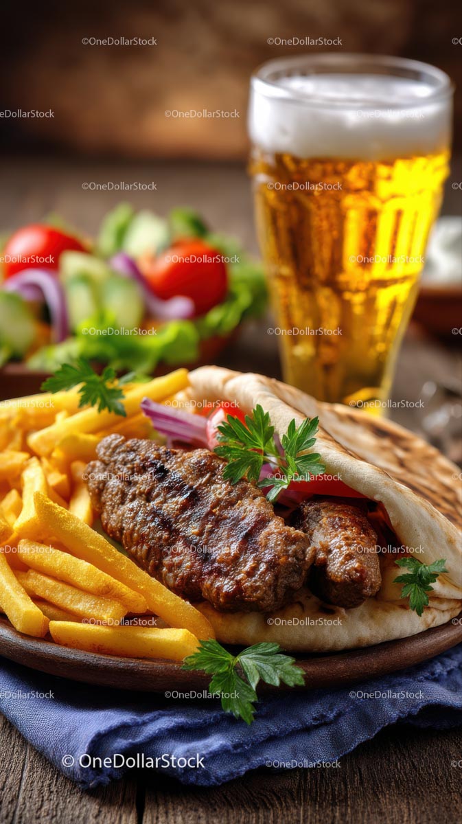 Grilled Meat in Pita with Fries and Beer on Wooden Table
