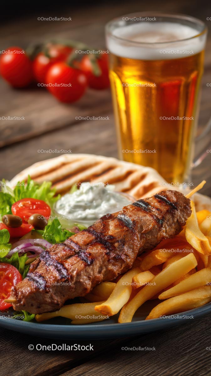 Grillowany szaszłyk z frytkami i pyszną sałatką grecką
