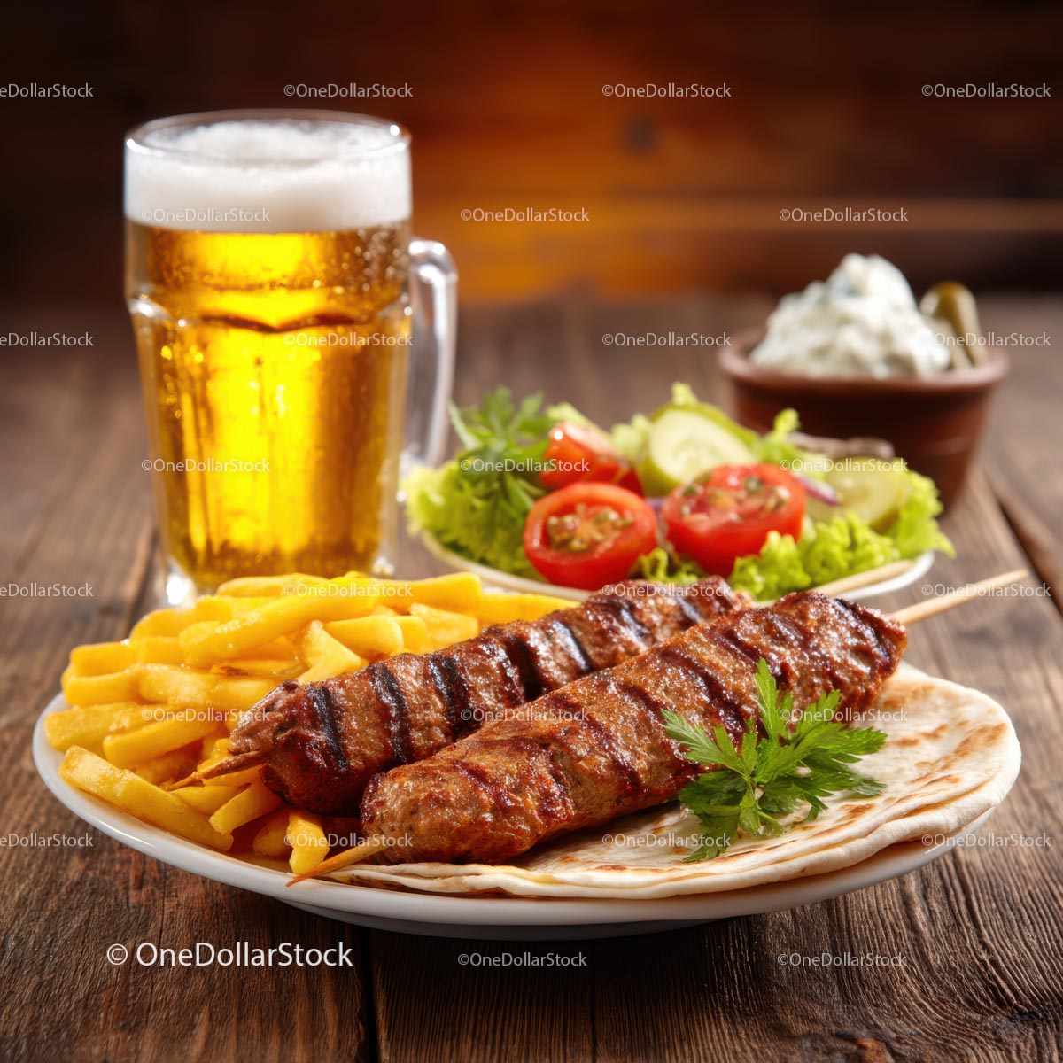Grillowany kebab z frytkami i świeżą sałatką na drewnianym stole