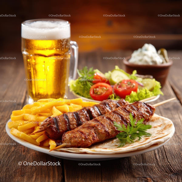 Grilled Kebab with Fries and Fresh Salad on a Wooden Table