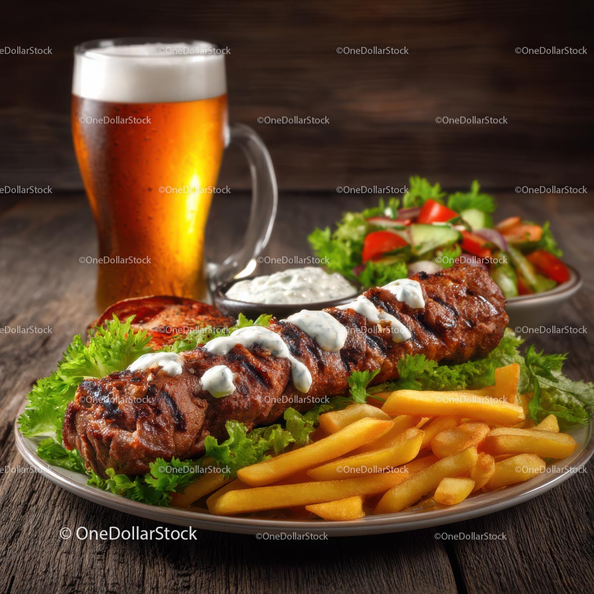 Grilled Meat with Fries and Beer on Rustic Wooden Table