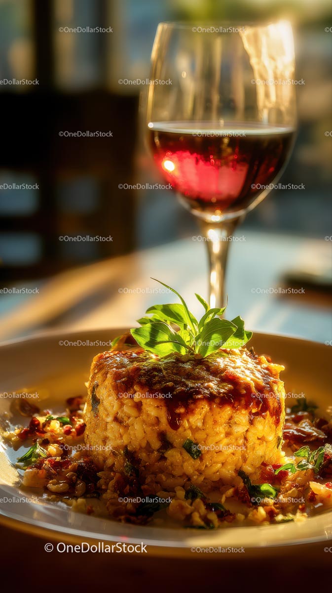 Gourmet Rice Dish with Basil and Red Wine in Evening Light