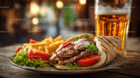 Delicious Kebab Wrap with Fries and Cold Beer on Table