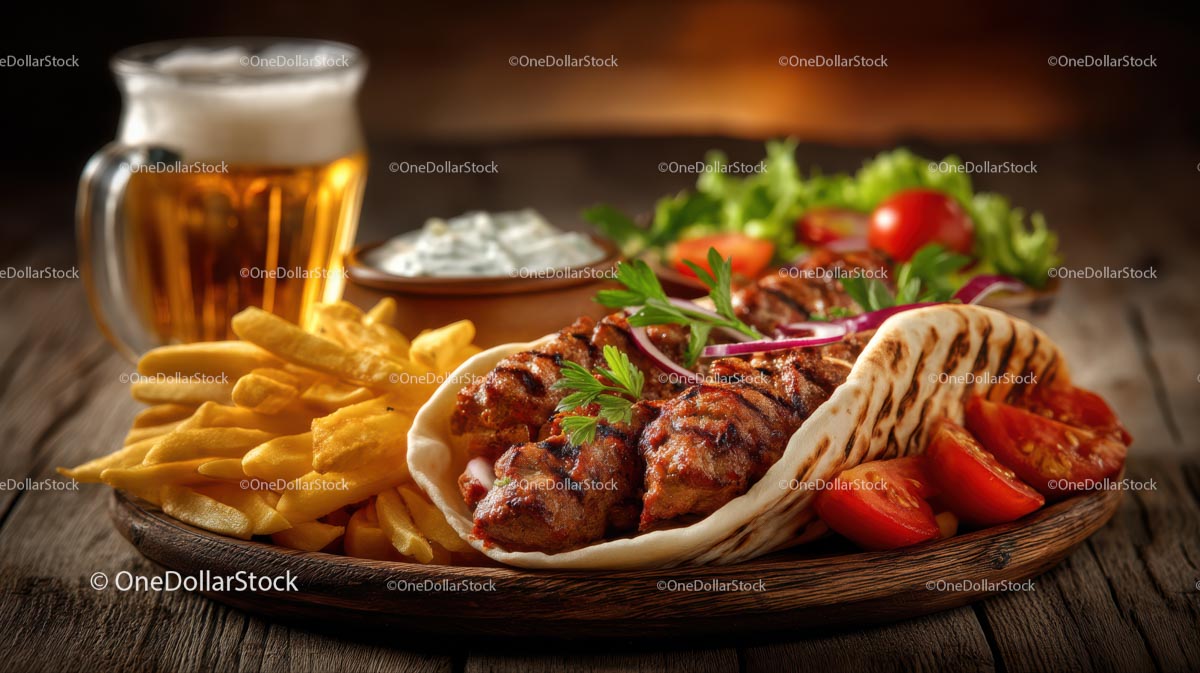 Delicious Greek Gyro with Fries and Beer