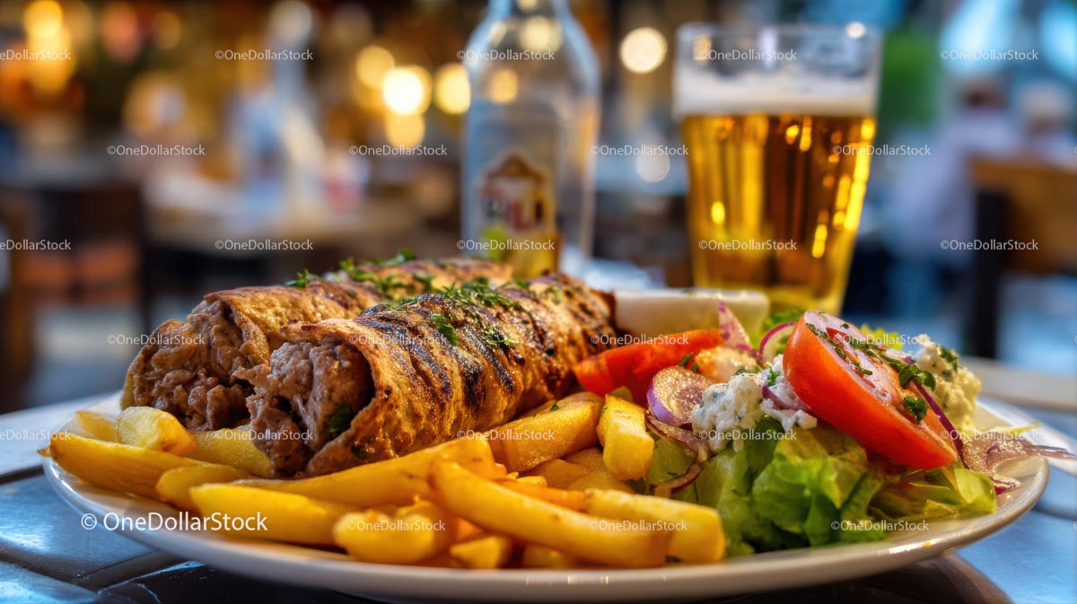 Delicious Gourmet Meal with Beer and Crispy Fries