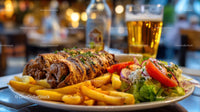 Delicious Gourmet Meal with Beer and Crispy Fries