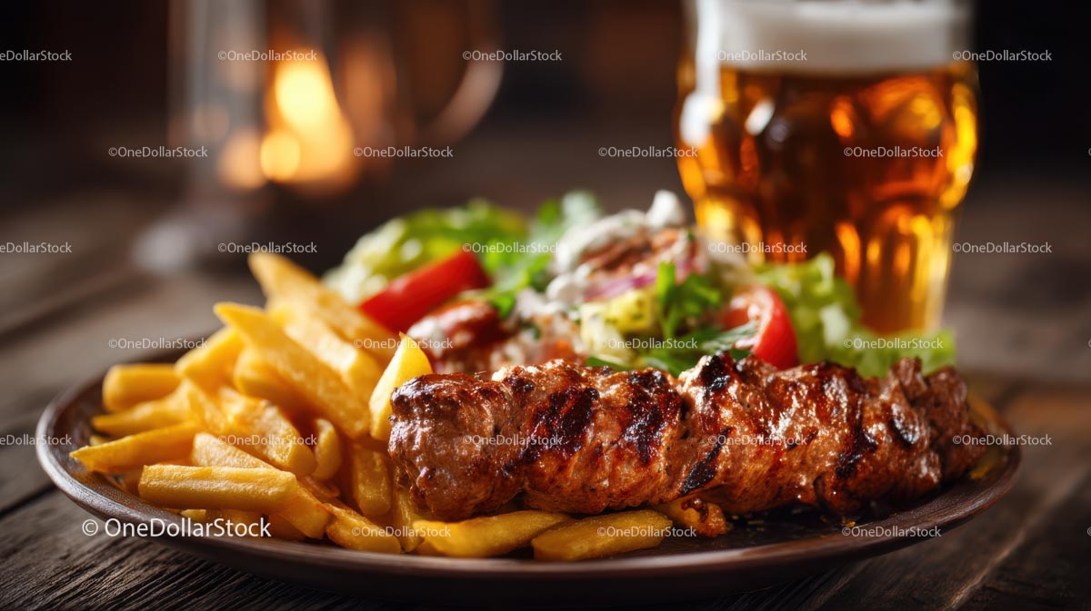 Pyszne grillowane mięso z frytkami i świeżą sałatką