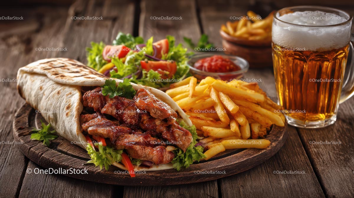 Grilled Meat Wrap with Crispy Fries and Cold Beer