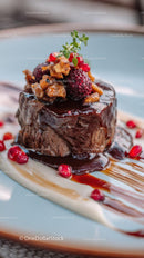 Gourmet Beef Steak with Berries and Chocolate Sauce