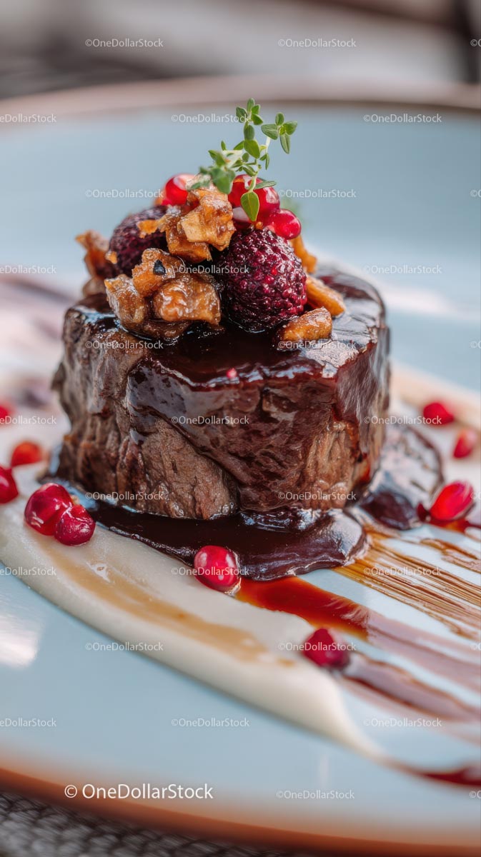 Gourmet Beef Steak with Berries and Chocolate Sauce
