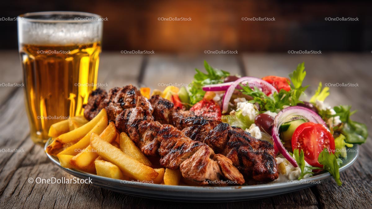 Grilled Skewers with Fries and Fresh Salad