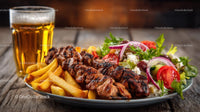 Grilled Skewers with Fries and Fresh Salad