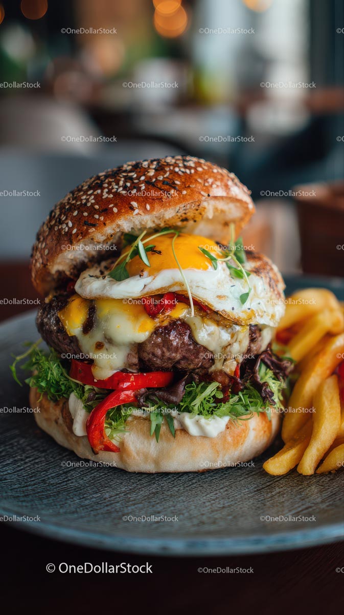 Burger gourmet z jajkiem sadzonym i chrupiącymi frytkami