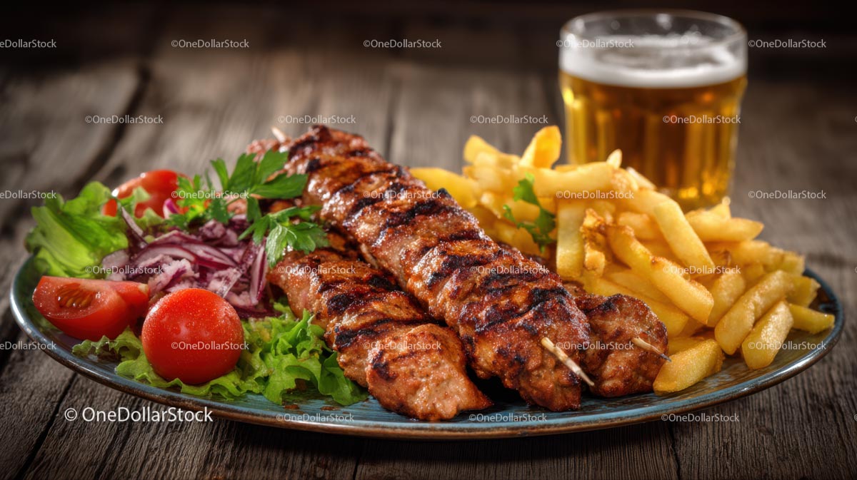 Grillowane szaszłyki kebabowe z frytkami i świeżą sałatką