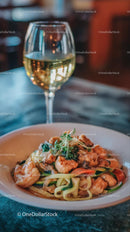 Gourmet Shrimp Pasta with White Wine in Elegant Setting