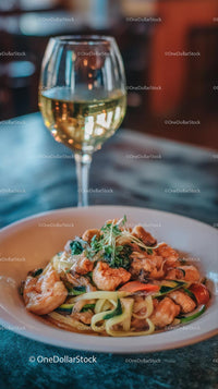 Gourmet Shrimp Pasta with White Wine in Elegant Setting