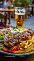 Grilled Kebab with Fries and Salad on Outdoor Patio