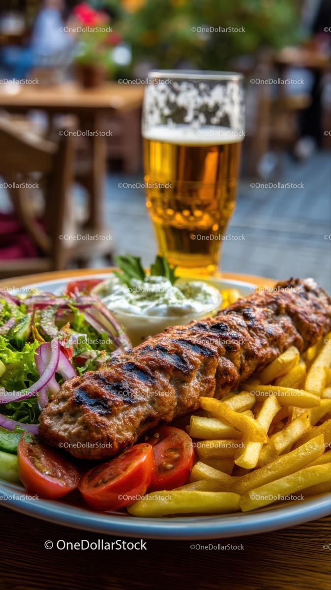 Grilled Kebab with Fries and Salad on Outdoor Patio