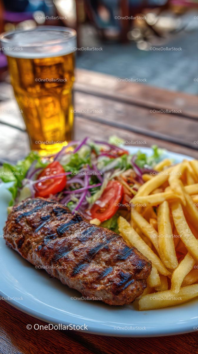 Hearty Grilled Meat with Fries and Fresh Salad Outdoors
