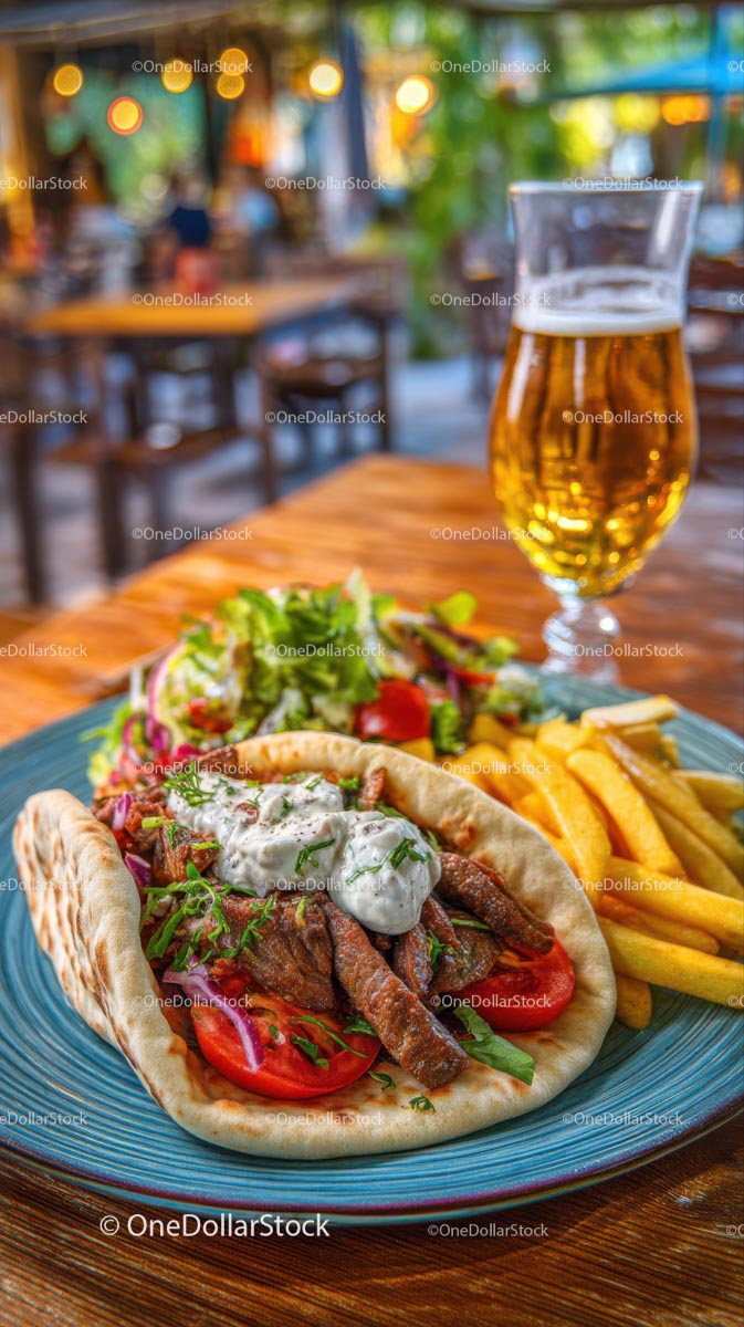 Greek Gyros and Beer in Rustic Taverna Setting