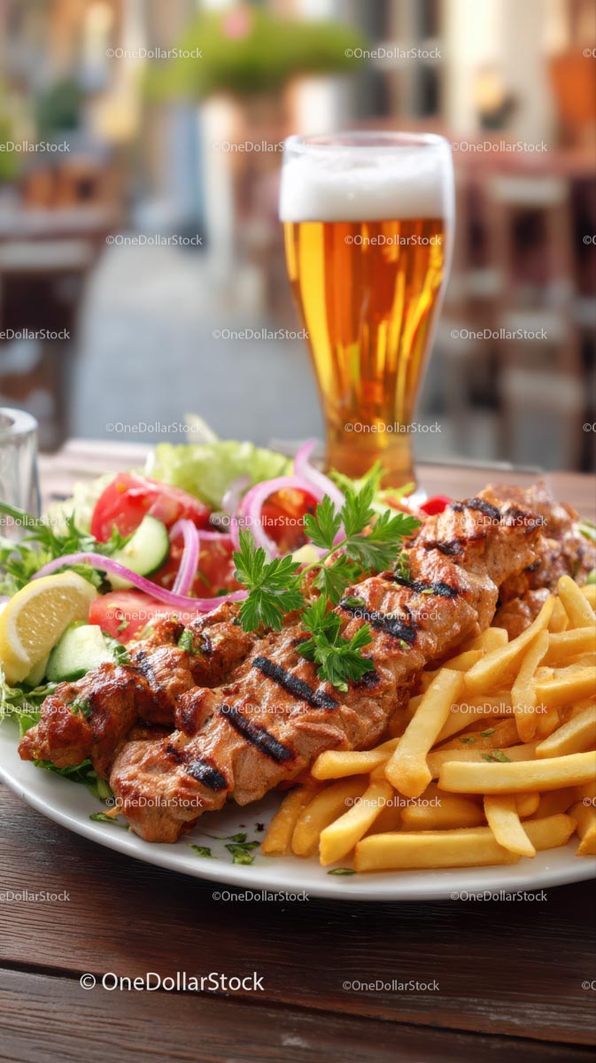 Grilled Kebab with Fries and Salad Served with Beer