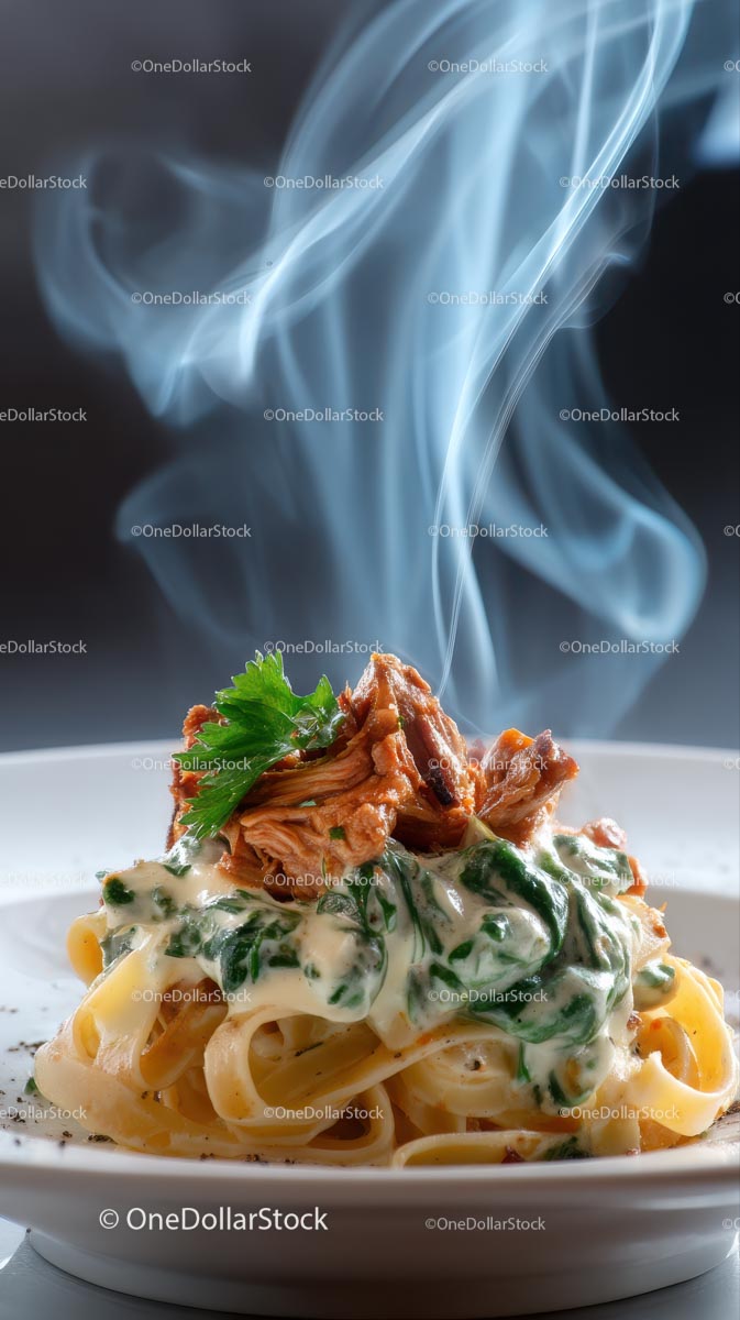 Steaming Tagliatelle with Creamy Spinach and Pulled Pork
