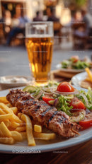 Grilled Skewers and Fresh Salad with Beer