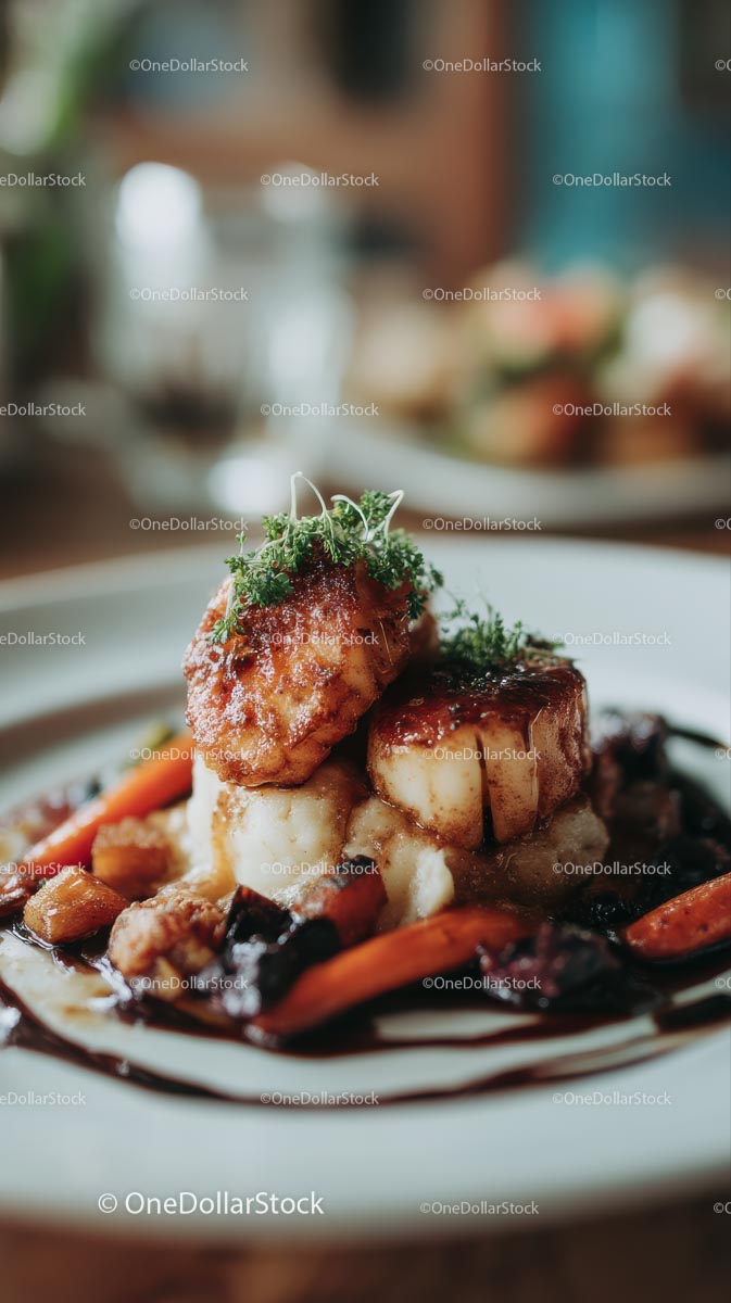 Eleganckie danie z przegrzebków z puree ziemniaczanym i dodatkami