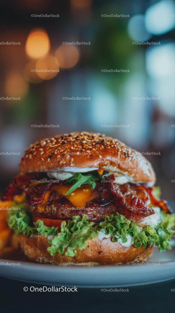 Juicy Bacon Cheeseburger with Fresh Lettuce and Tomato Stock Photo Bundle (19 JPG Files)