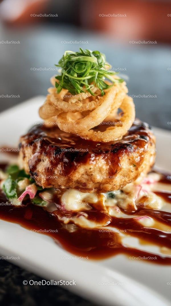 Gourmet Burger with Onion Rings and Herb Garnish