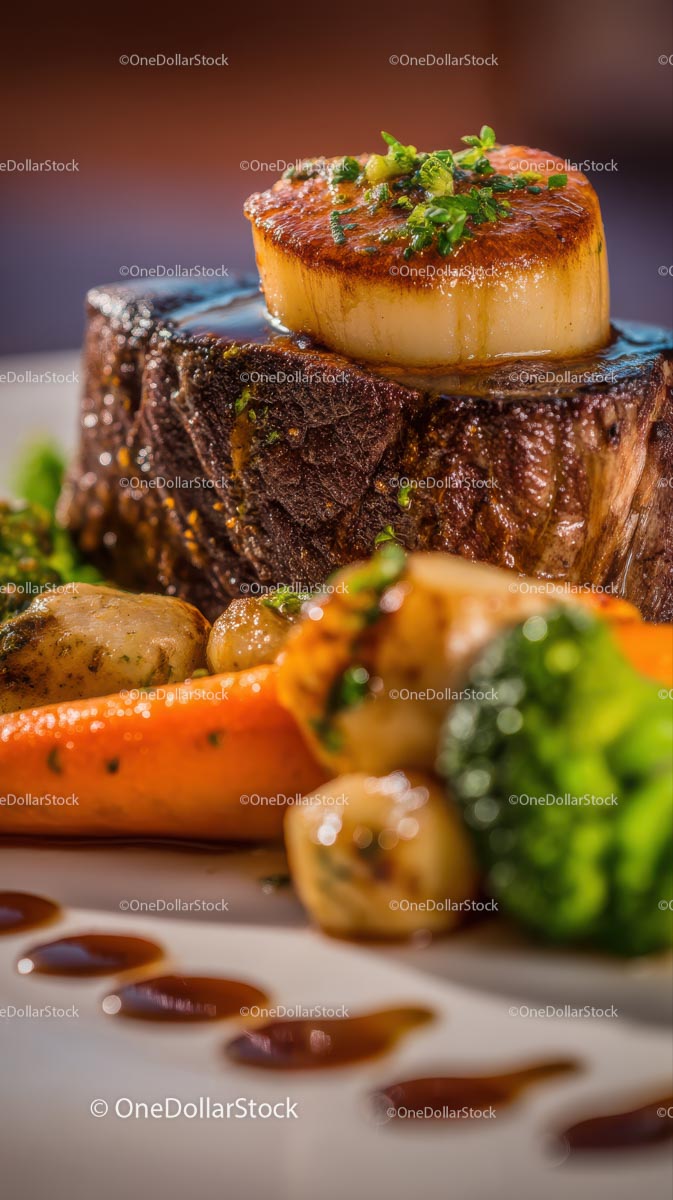 Succulent Steak Topped with Seared Scallop and Vegetables