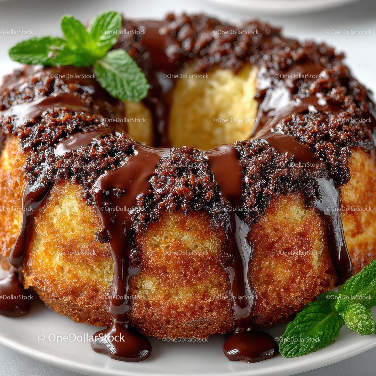 Delicious Bundt Cake with Chocolate Glaze and Mint Garnish