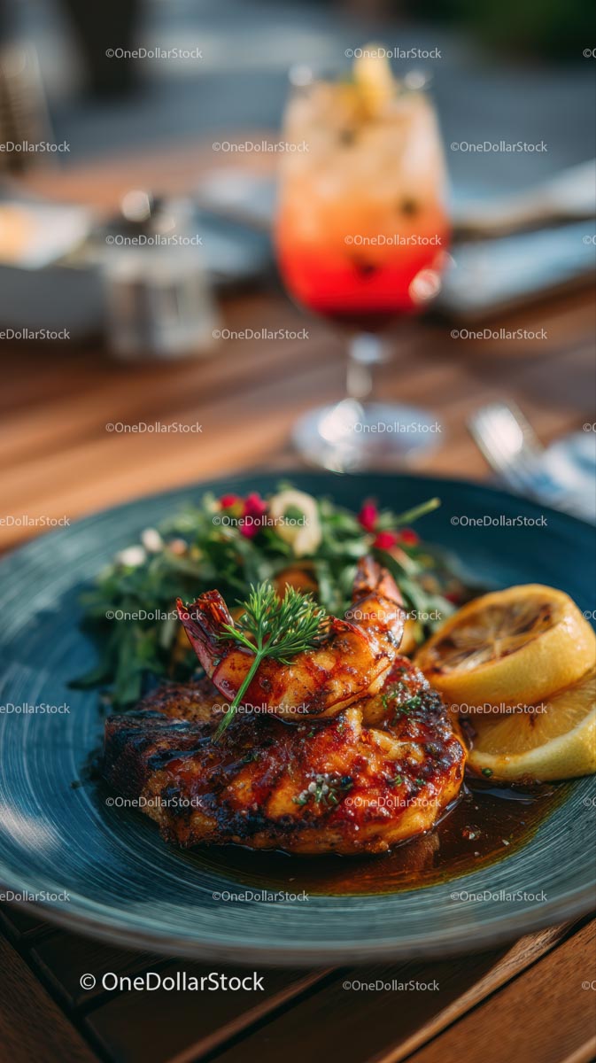 Grillowane krewetki z cytryną i świeżą zieleniną na eleganckim talerzu