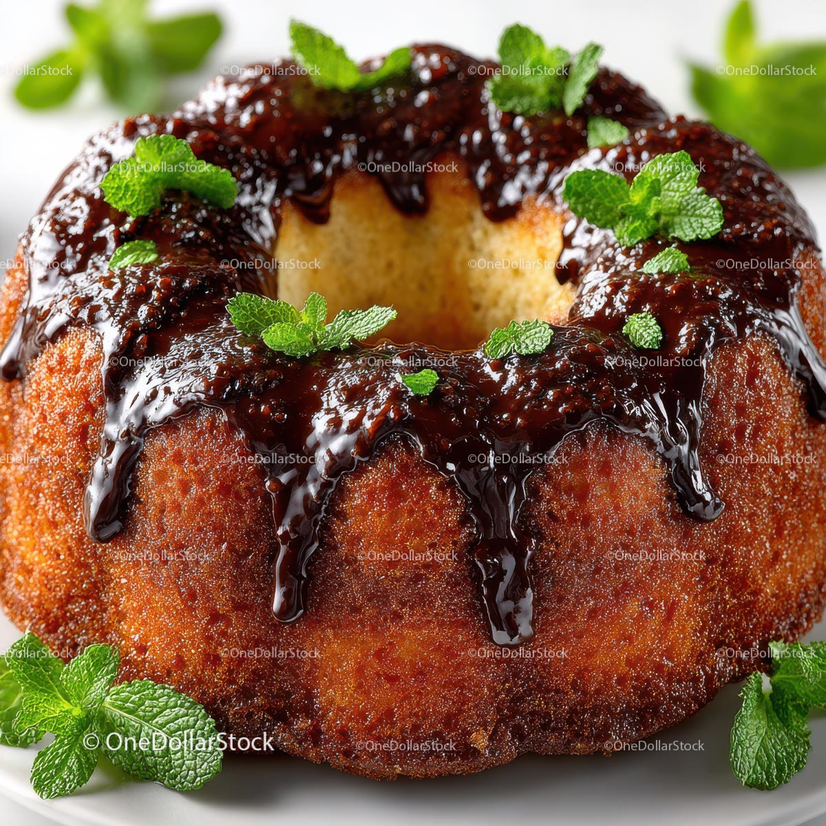Chocolate Glazed Bundt Cake with Fresh Mint Leaves