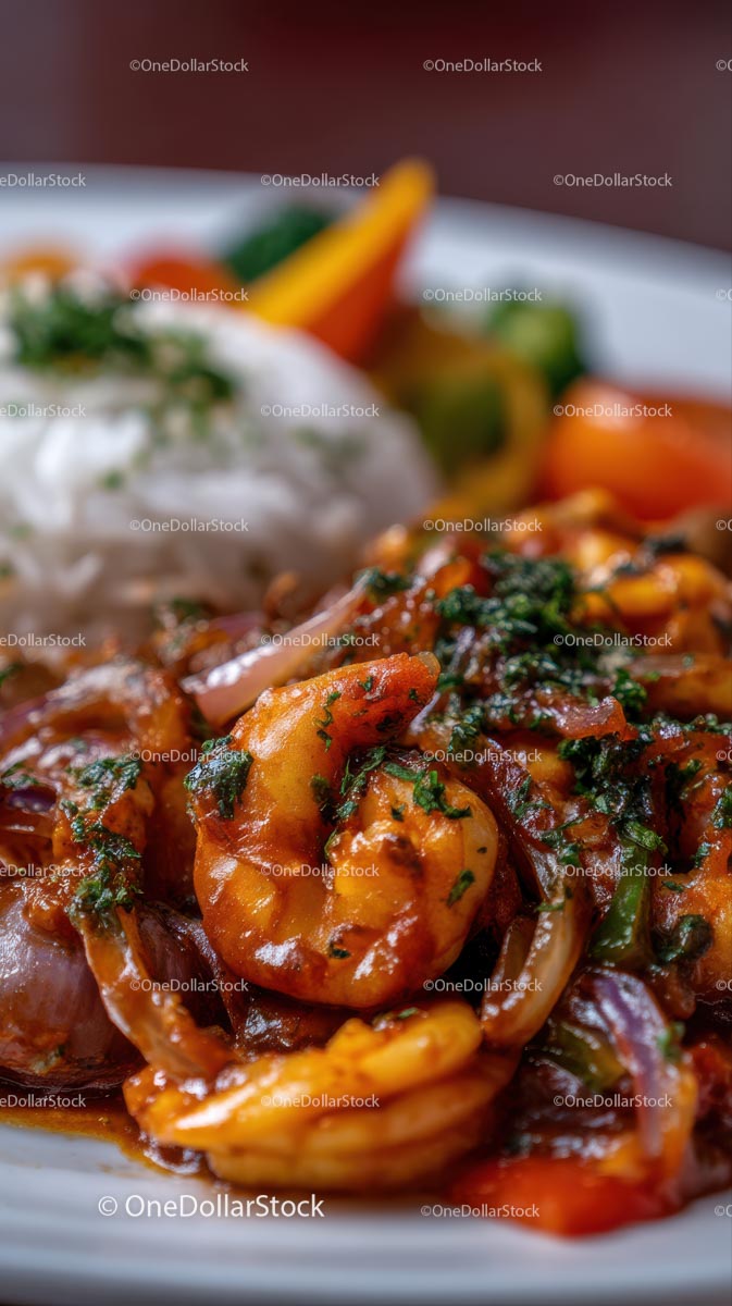 Gourmet Shrimp Dish with Rice and Vibrant Vegetables
