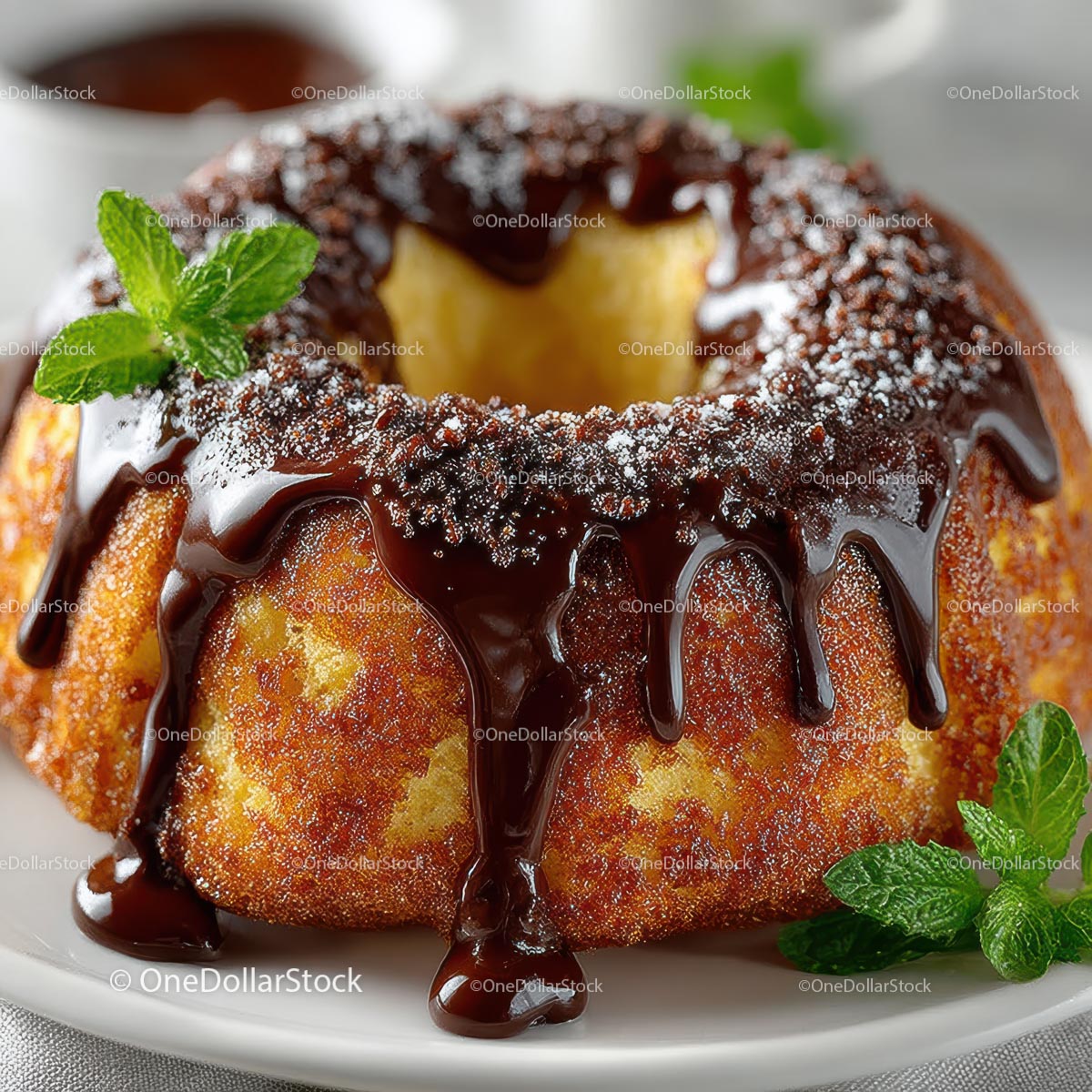 Delicious Chocolate-Glazed Bundt Cake with Mint Garnish